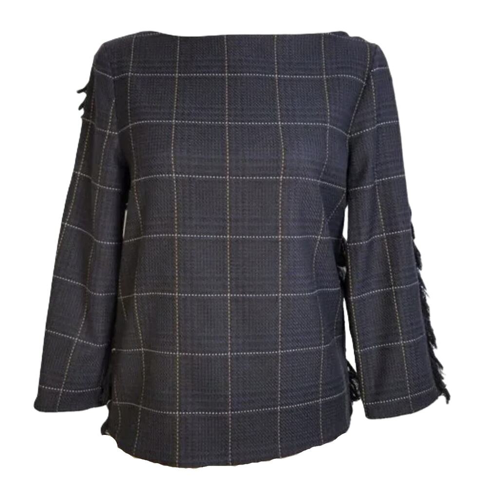 H&M Size 4 Blouse Plaid Fringe Boatneck Top Navy Green 3/4 Sleeve